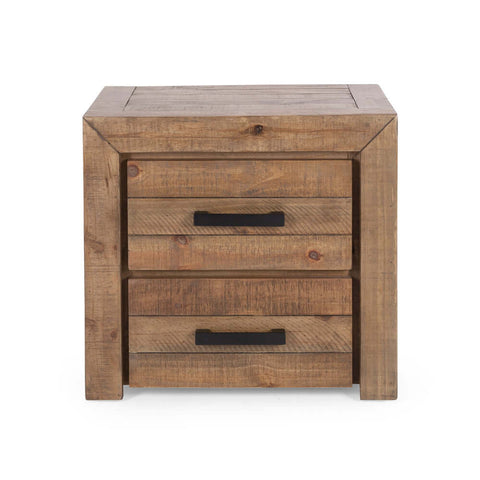 Raglan rustic pine bedside table, angled front view