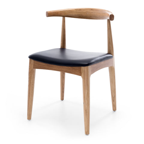 Natural oak Elbow dining chair with curved back and black padded seat