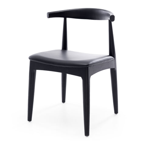 Black oak Elbow dining chair with curved back and black padded seat