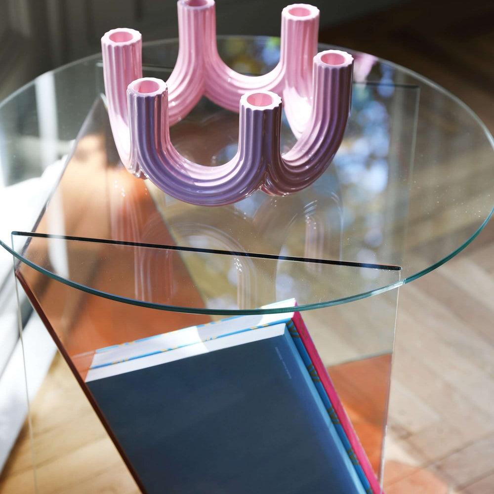 
                      
                        Pink large churros candle holder on a glass table, stylish modern design by &Klevering.
                      
                    