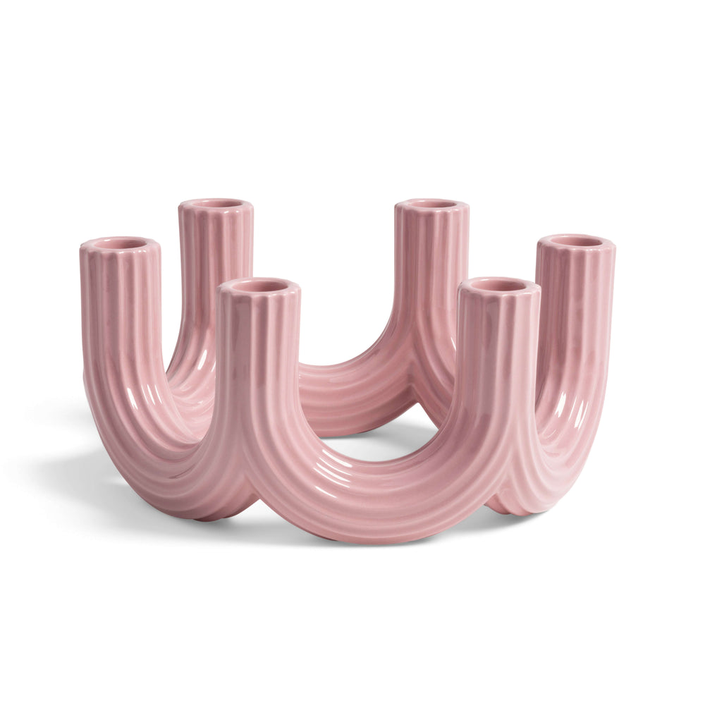 Pink ceramic churros candle holder, large size, with a modern, curved design.