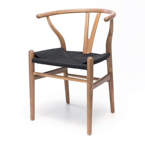 Natural oak Wishbone dining chair with a black woven rope seat