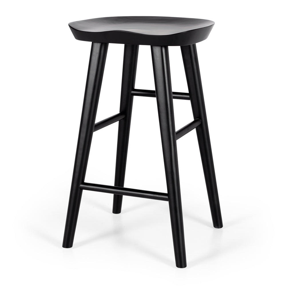 
                      
                        Black Fuji bar stool with Swiss tractor seat design, natural woodgrain and A-line legs, perfect for rustic and modern decor.
                      
                    