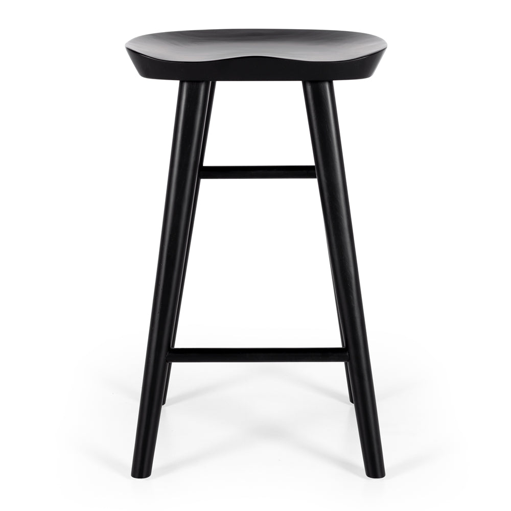 
                      
                        Fuji bar stool with black contoured seat and sleek A-line legs, inspired by Swiss tractor seat design.
                      
                    