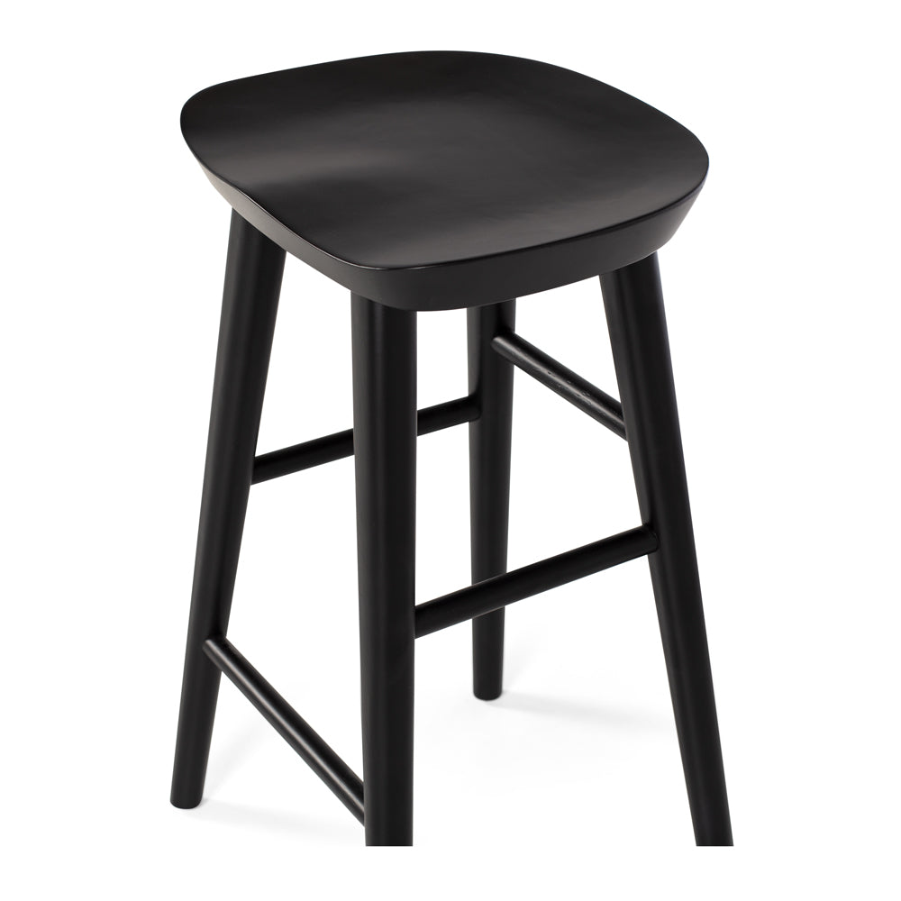 
                      
                        Fuji bar stool with black contoured seat and sleek A-line legs, inspired by Swiss tractor design, perfect for rustic and modern spaces.
                      
                    