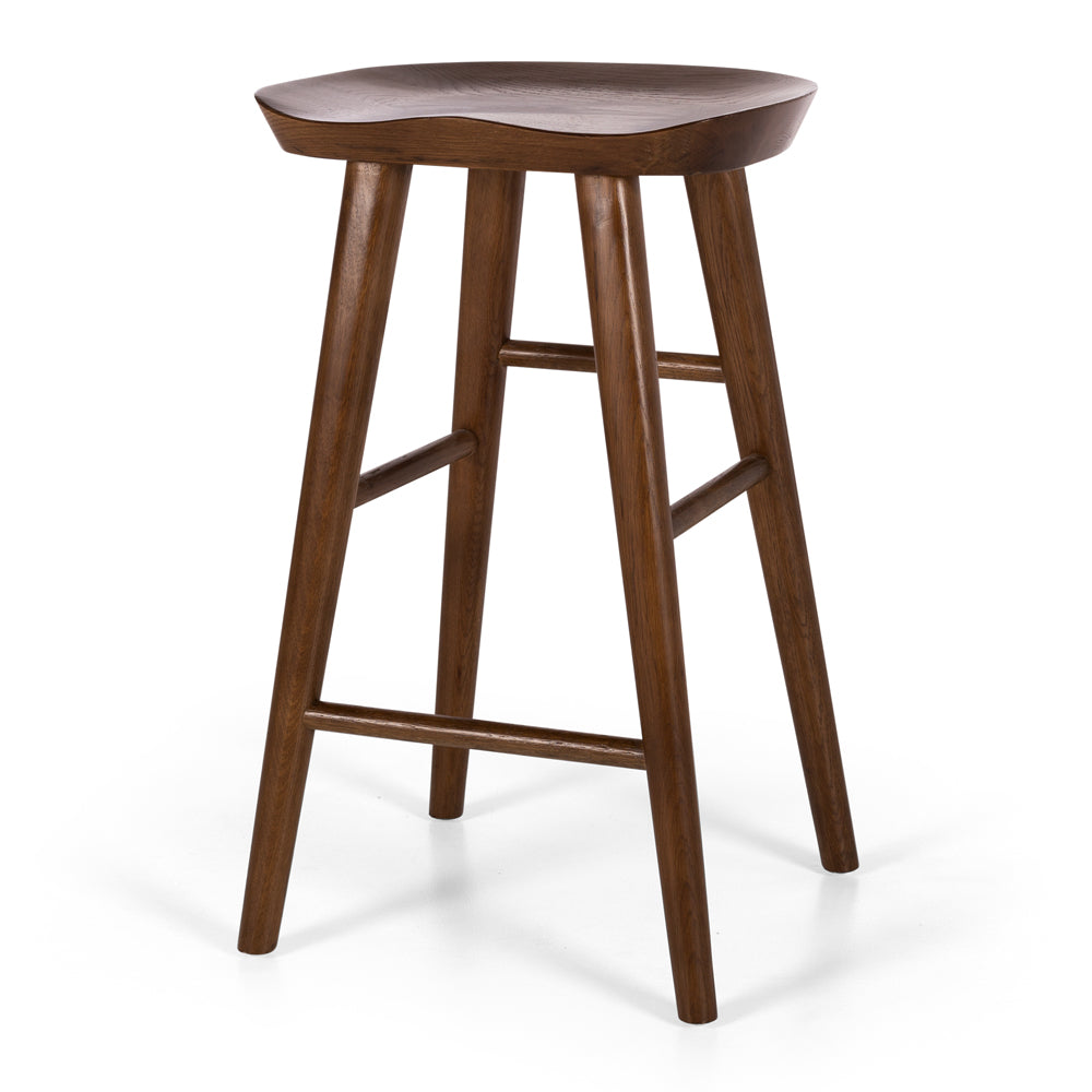 
                      
                        Fuji bar stool with natural woodgrain and contoured seat, featuring sleek A-line legs and a front footrest for rustic to modern decor.
                      
                    