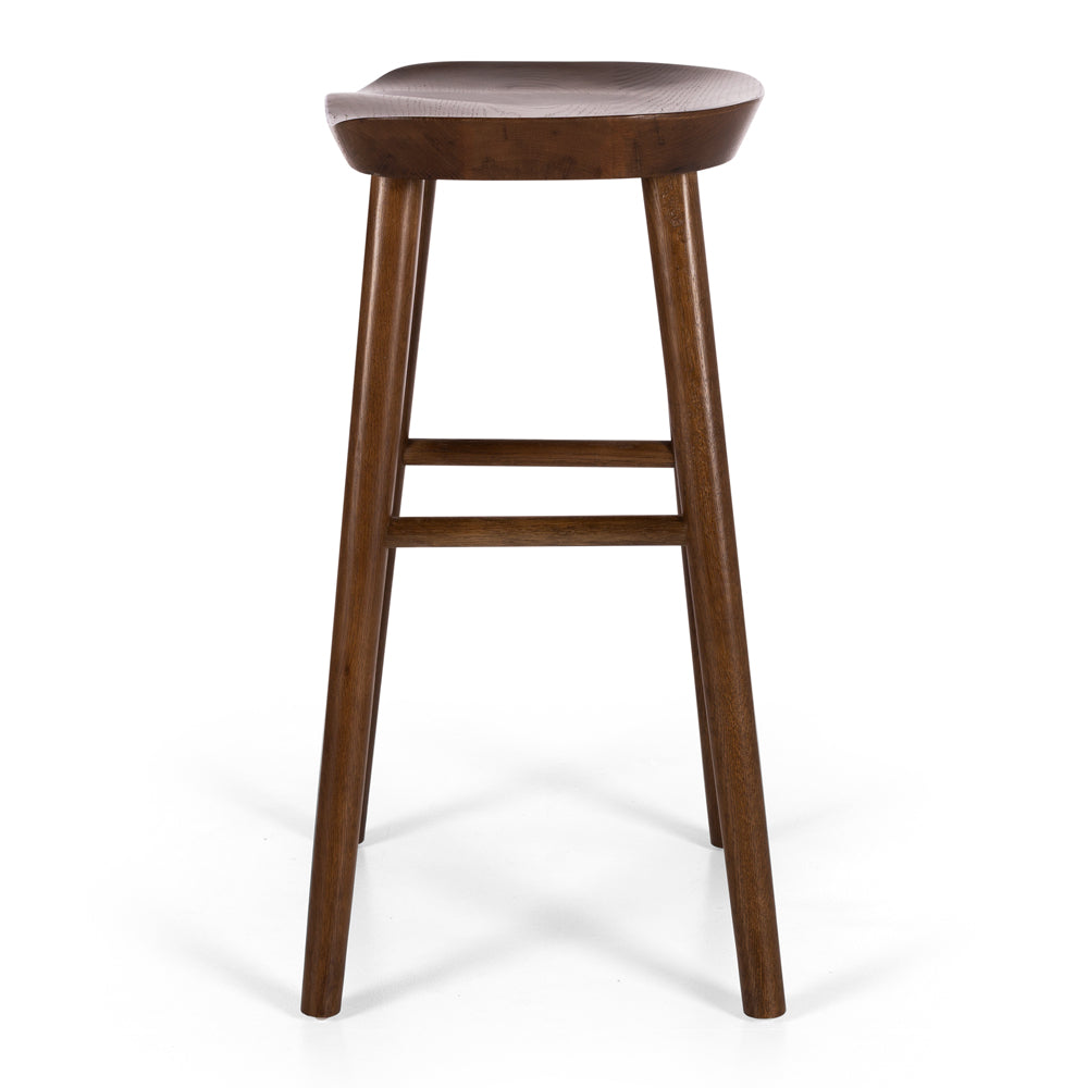 
                      
                        Fuji bar stool with natural woodgrain finish, ergonomic tractor seat, A-line legs, and footrest, perfect for rustic to modern decor.
                      
                    