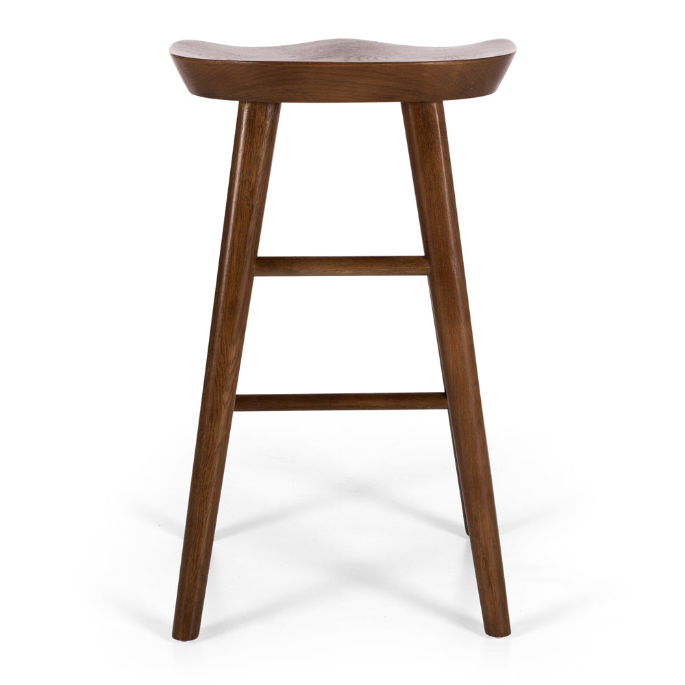 
                      
                        Fuji bar stool with natural woodgrain and contoured seat, featuring sleek A-line legs and a front footrest, ideal for rustic or modern decor.
                      
                    