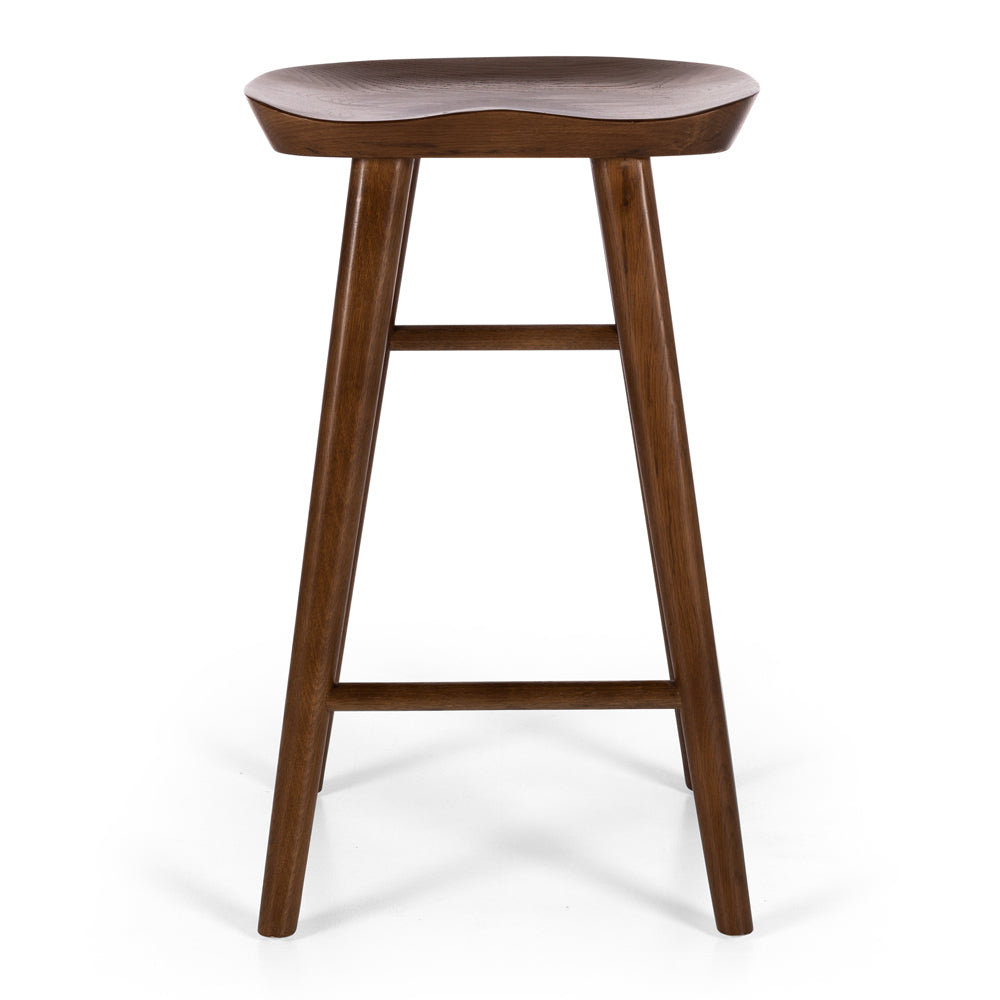 
                      
                        Fuji bar stool with contoured wood seat and sleek A-line legs, inspired by Swiss tractor design, perfect for rustic to modern decor.
                      
                    