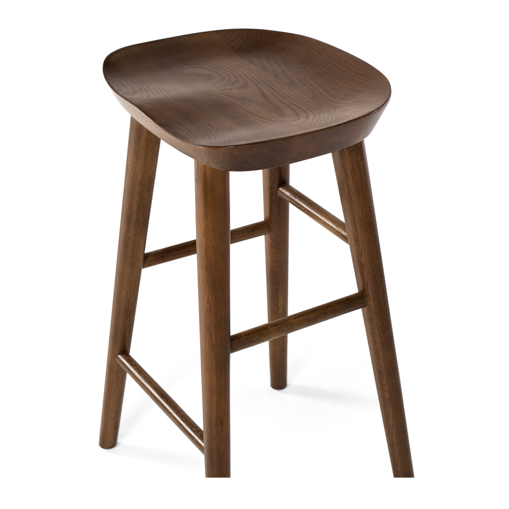 
                      
                        Fuji bar stool with natural woodgrain, contoured seat, A-line legs, and front footrest, blending rustic and modern design.
                      
                    