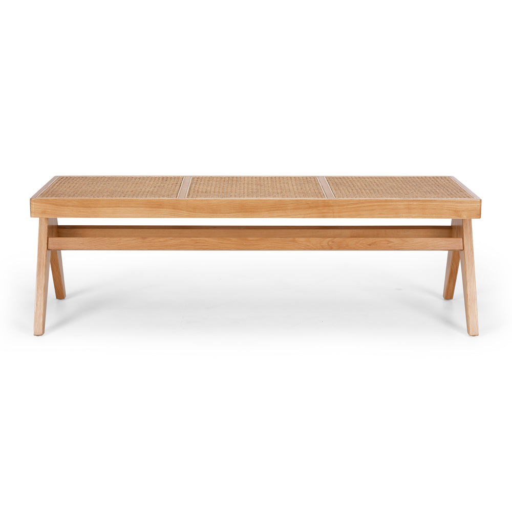 
                      
                        Palma Bench in natural oak with rattan seat, showcasing Japandi style and FSC Certified American White Oak construction.
                      
                    