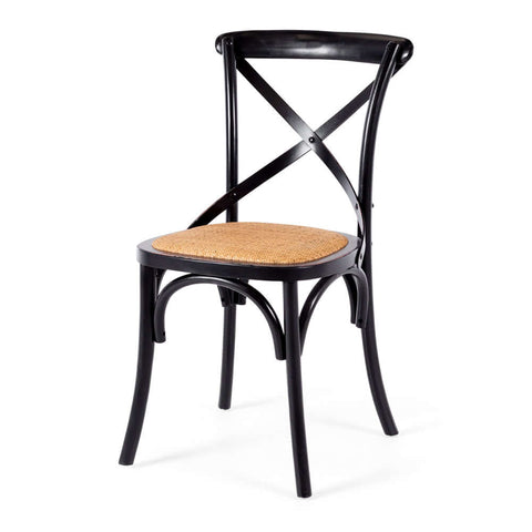 Black Villa oak X-back dining chair with rattan seat, angled front view