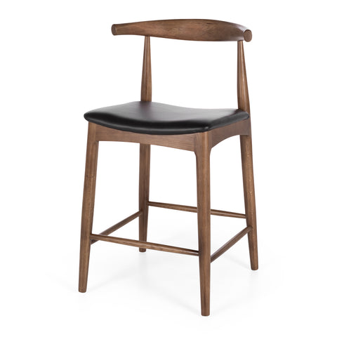 Deep oak Elbow bar stool with curved back and black padded seat