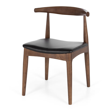 Deep oak Elbow dining chair with curved back and black padded seat
