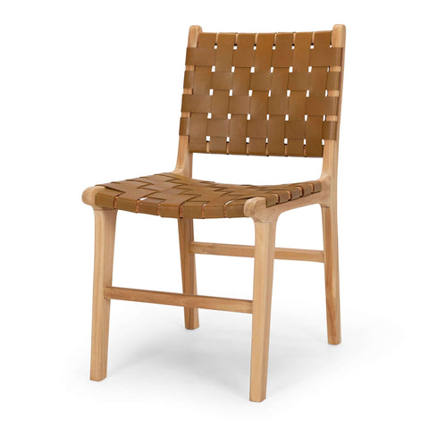 Saddle brown Indo teak and woven leather dining chair, angled front view