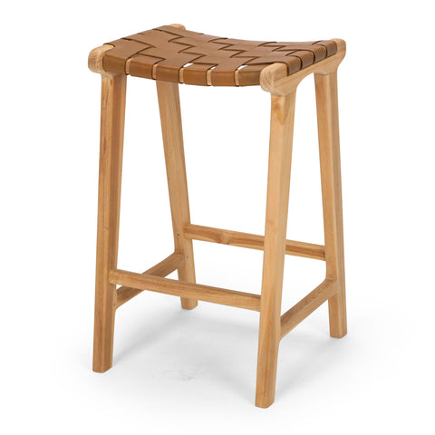 Saddle Brown Indo woven leather bar stool on natural teak frame