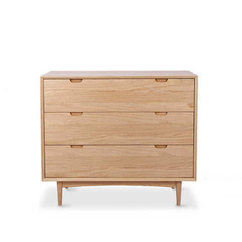 Oslo three-drawer oak chest, angled front view