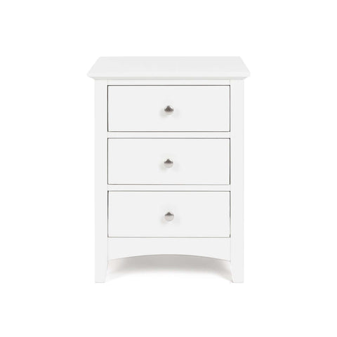 Jessica white three-drawer bedside table, front view