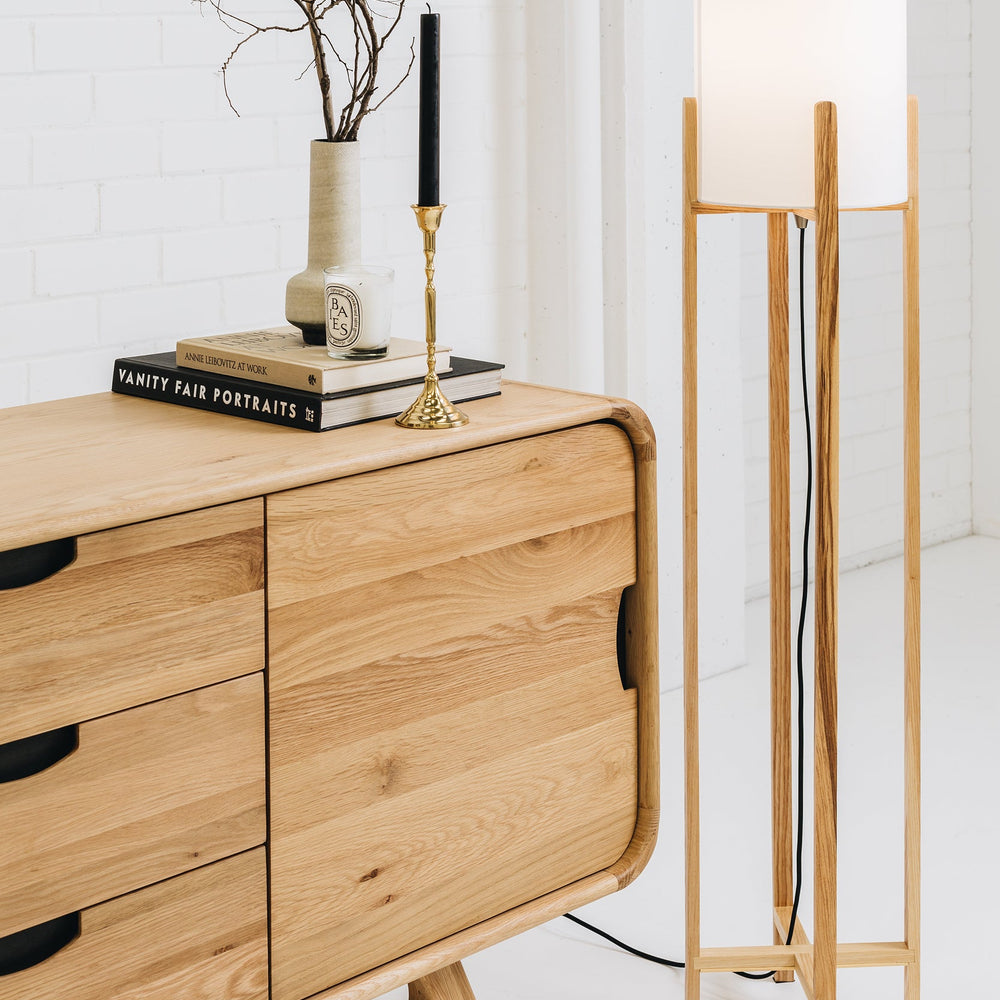 
                      
                        Scandinavian Flow Sideboard with sleek curves and brushed accents, featuring interchangeable handles; FSC certified timber furniture.
                      
                    