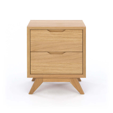 Norway two-drawer oak bedside table, angled front view