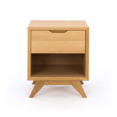 Norway one-drawer oak bedside table, angled front view