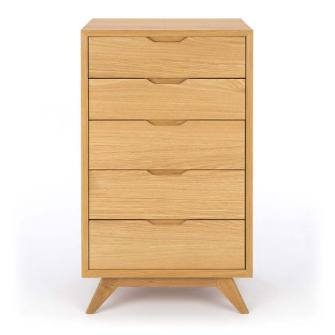 Norway tall oak chest of drawers, angled front view