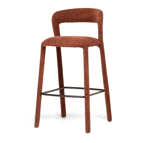 Red fully upholstered barstool with a curved backrest on a white background, shown from an angled view