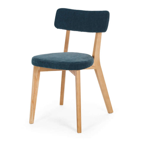 Prego dining chair in Blue Strata with an open back and natural ash legs