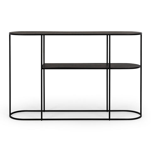 Deco black oak console table with open shelves, angled view