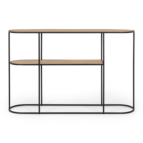 Deco natural oak console table with open shelves