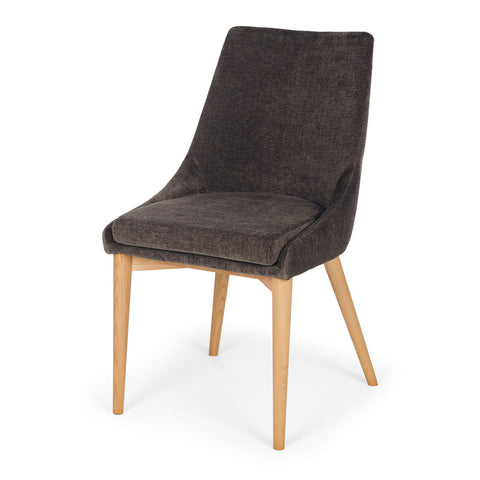 Dark grey Eva upholstered dining chair, angled front view on a white background