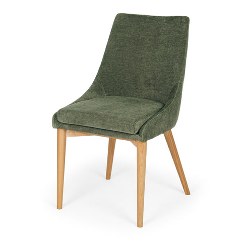Green Eva upholstered dining chair, angled front view on a white background