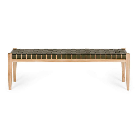 Indo Olive Green woven leather bench, front view