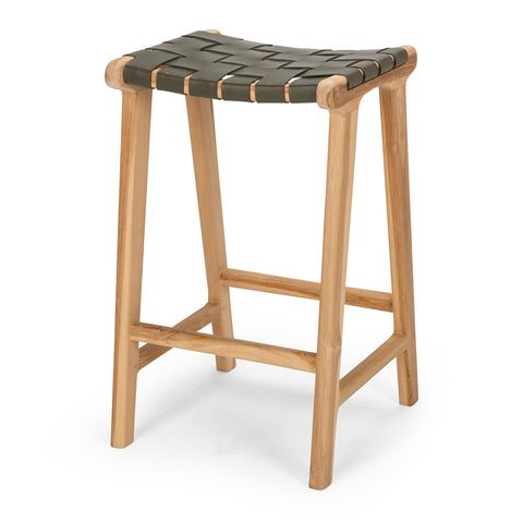 Olive Green Indo woven leather bar stool on natural teak frame