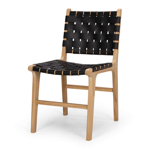 Black Indo teak and woven leather dining chair, angled front view