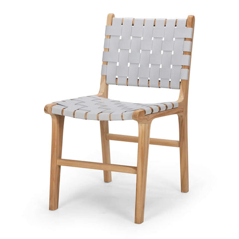 Duck egg grey Indo teak and woven leather dining chair, angled front view