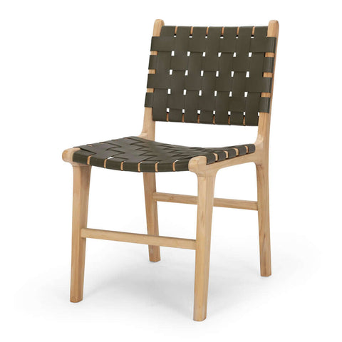 Olive green Indo teak and woven leather dining chair, angled front view
