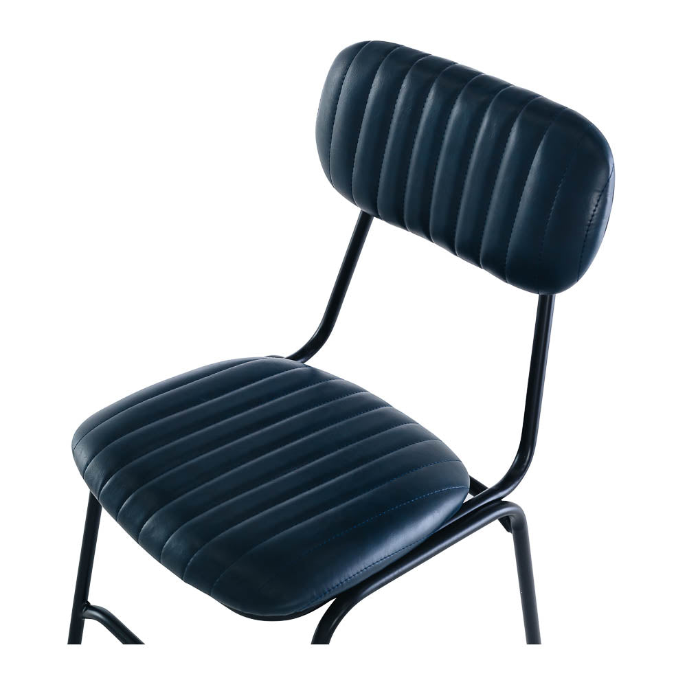 
                      
                        Datsun Chair in blue with retro stitched padded seat and industrial design.
                      
                    