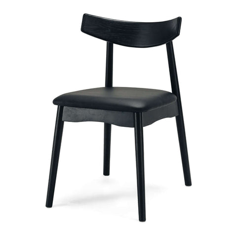 Black oak dining chair with a black upholstered seat and curved backrest on a white background, shown from an angled view