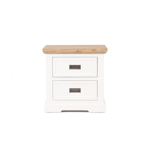 White finished Acacia wood bedside table with two drawers and a a natural, brushed Acacia wood top, on a white background, shown from a front view