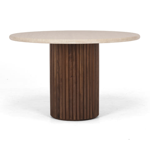Round dining table with a walnut base and travertine top