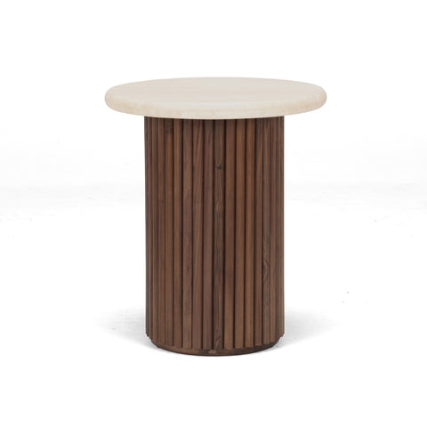 Small round side table with a walnut base and travertine top