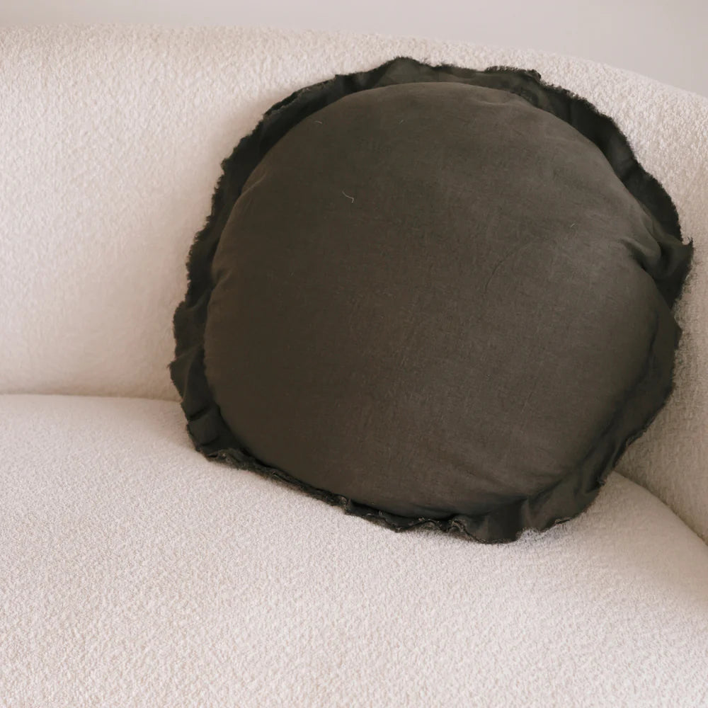 Flax Linen Round Feather Filled Cushion - Moss