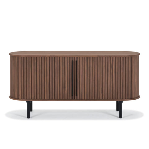 Palliser walnut panelled sideboard with black oak legs on a white background, front view