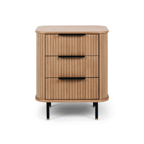 Anders natural oak three-drawer bedside, angled view