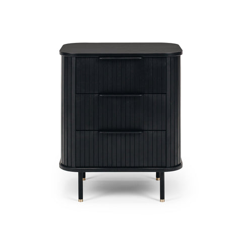 Anders black three-drawer bedside table, angled front view
