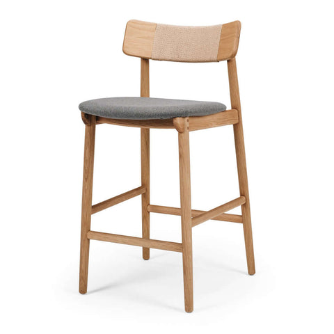 Niles natural oak high-back bar stool with grey seat, angled front view