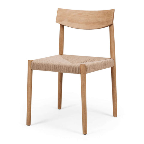 Natural oak Ingrid dining chair with woven cord seat, front angled view