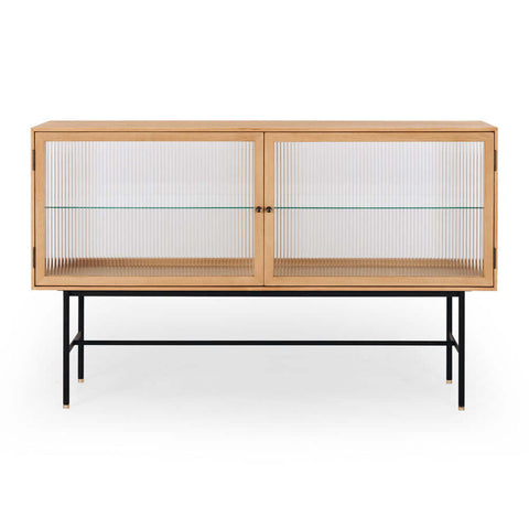 Kobe natural oak sideboard with fluted glass doors, front view