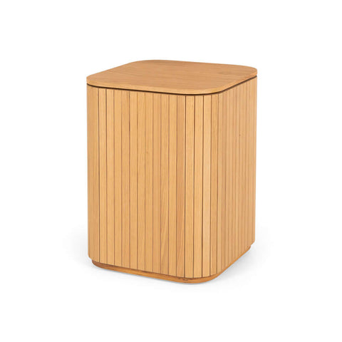 Palliser oak panelled end table, on a white background, angled view